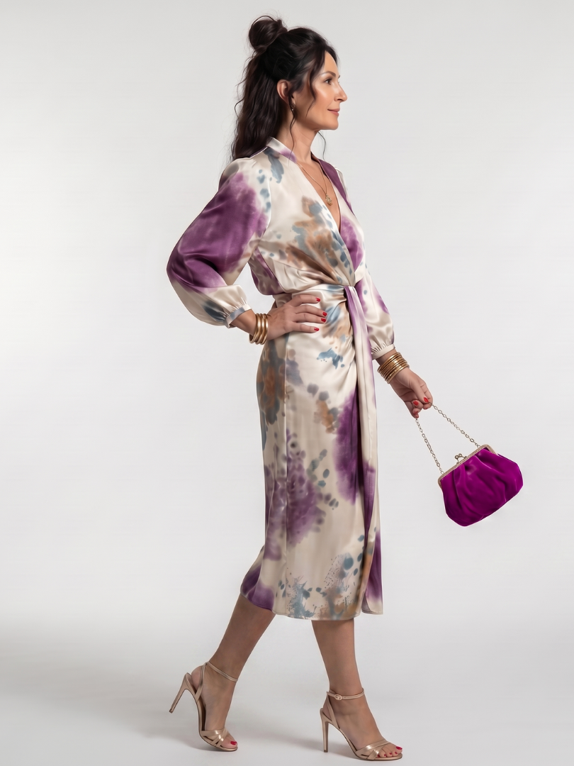 Valentina - Cross Wrap Tie Waist Printed Midi Dress