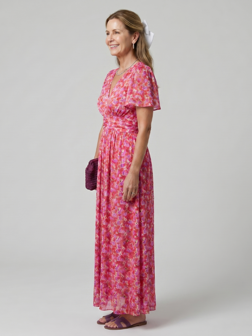 Juna - Short Sleeve Ditsy Floral Print Midi Dress