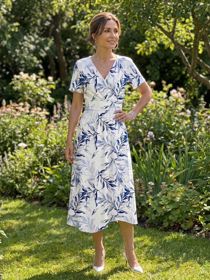 Kael - V Neck Soft Botanical Print Midi Dress