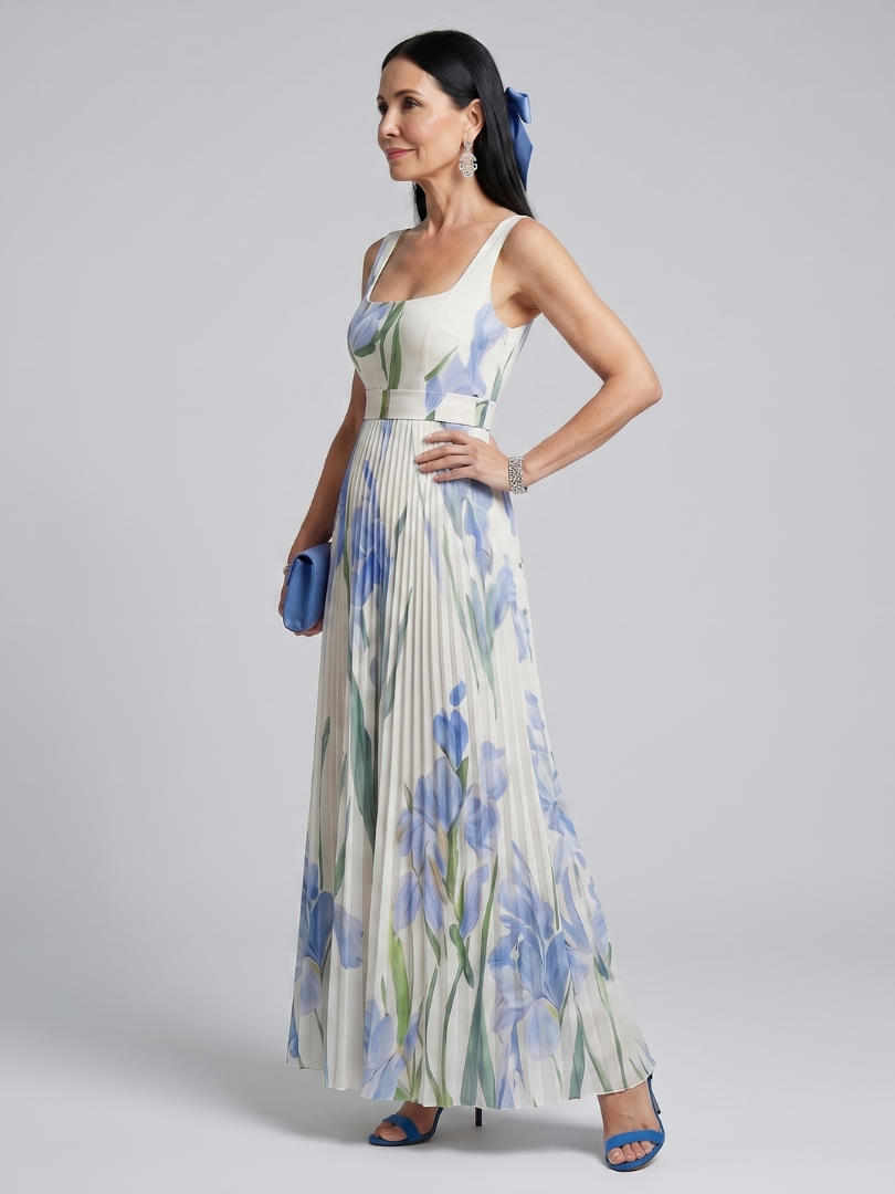 Ophelia - Sleeveless Square Neck Floral Print Midi Dress