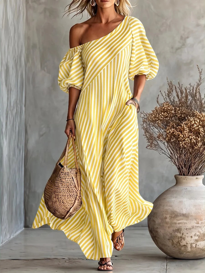 Layla - Striped Off Shoulder Puff Sleeve Maxi Dress