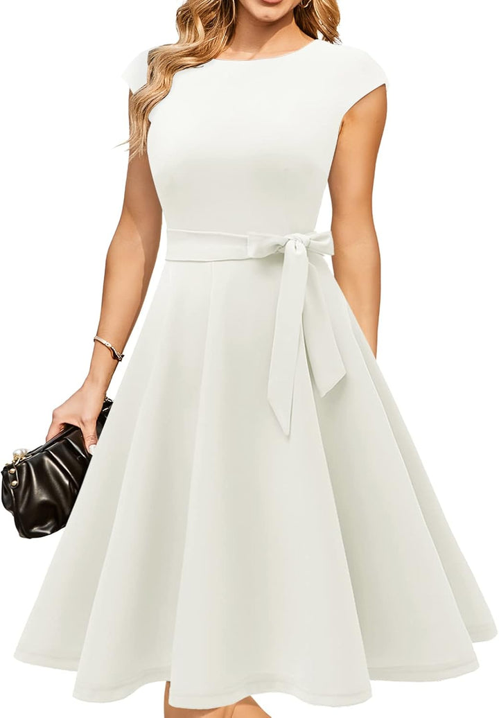 Eva - Cap Sleeve Tie Waist Midi Dress
