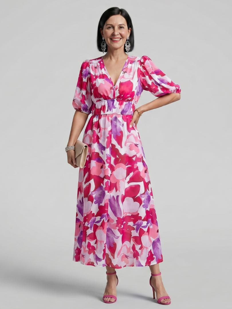 Candlia - Puff Sleeve V Neck Abstract Print Midi Dress