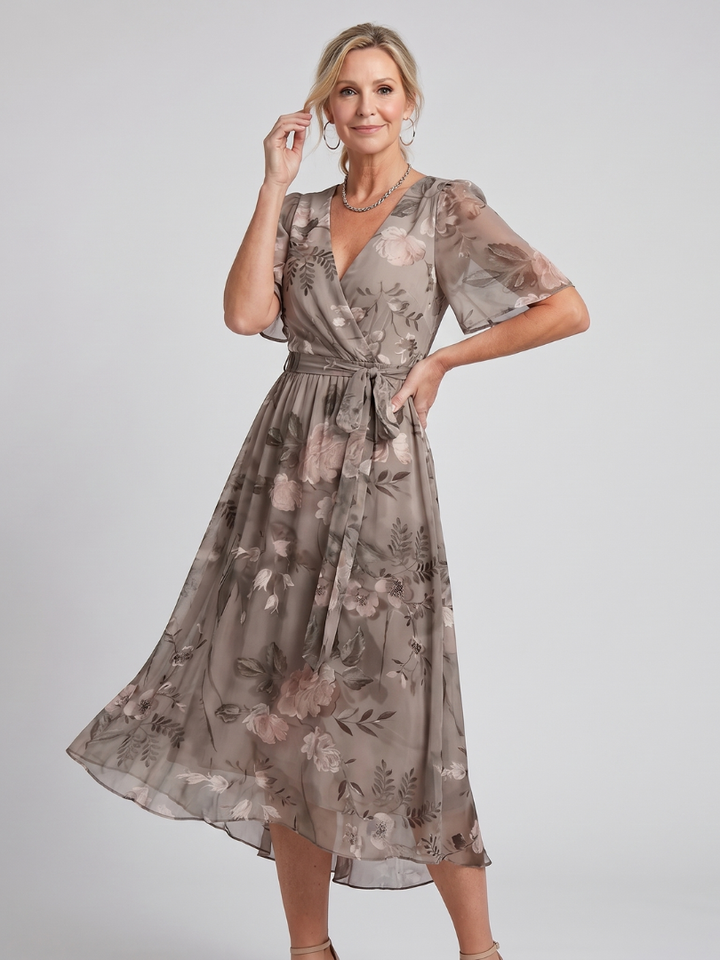 Mirabel - Flutter Sleeve Gathered Waist Floral Print Midi Dress