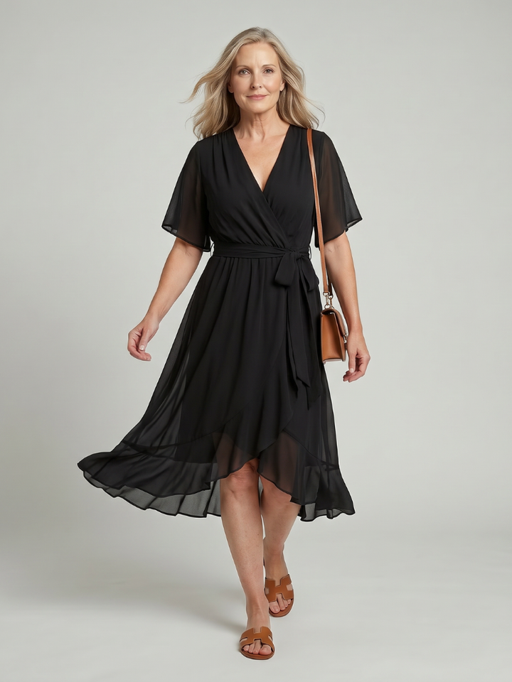 Keziah - Short Sleeve Wrap Soft Flowing Hem Midi Dress