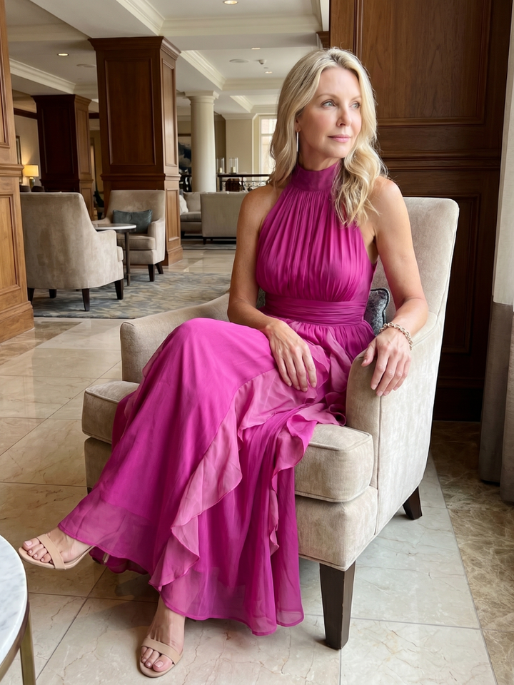Orea - High Neck Gathered Ruffle Layers Maxi Dress