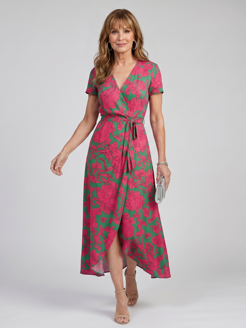 Priya - Short Sleeve Floral Wrap Midi Dress