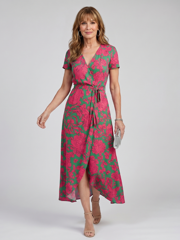 Priya - Short Sleeve Floral Wrap Midi Dress