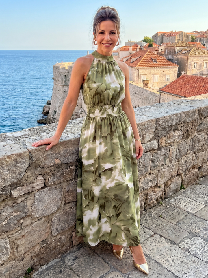 Olivia - Gathered Waist Abstract Print Midi Dress