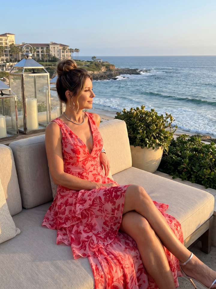 Gala - Deep V Sleeveless Painterly Pattern Midi Dress