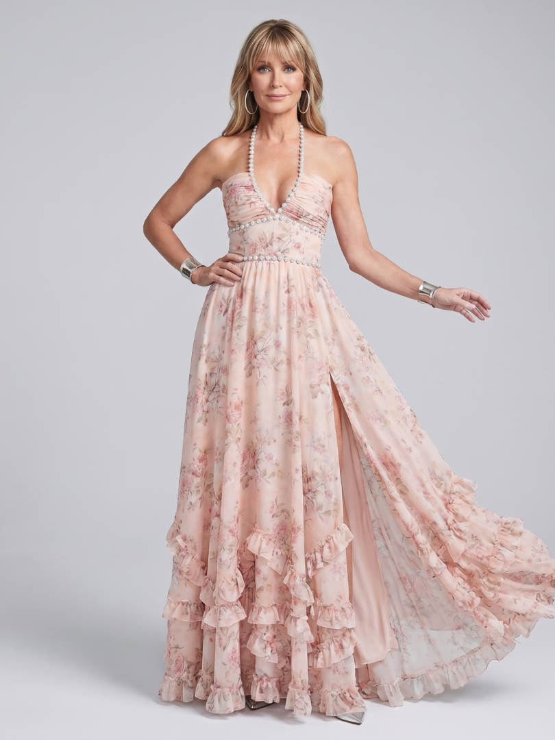 Alessia - Halter Neck Floral Beaded Strap Maxi Dress