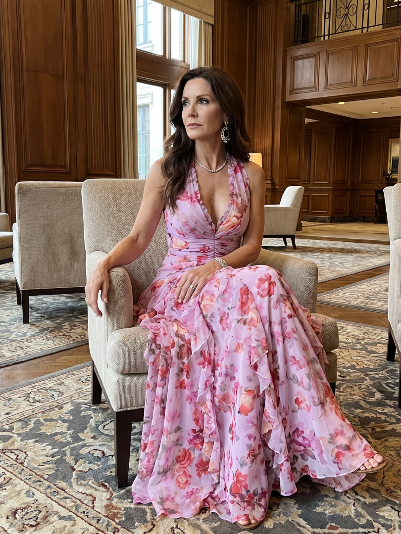 Nori - Halter Neck Ruched Bodice Floral Maxi Dress