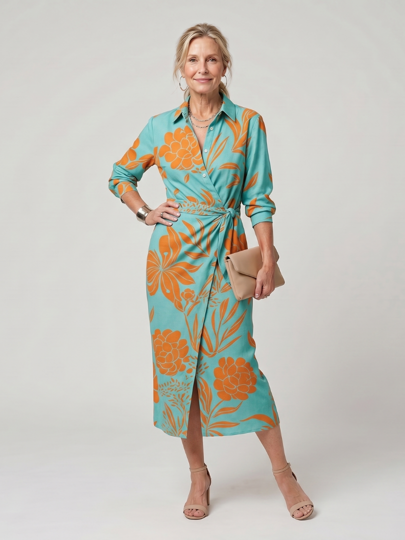 Leya - Long Sleeve Collared Wrap Stripe Pattern Midi Dress