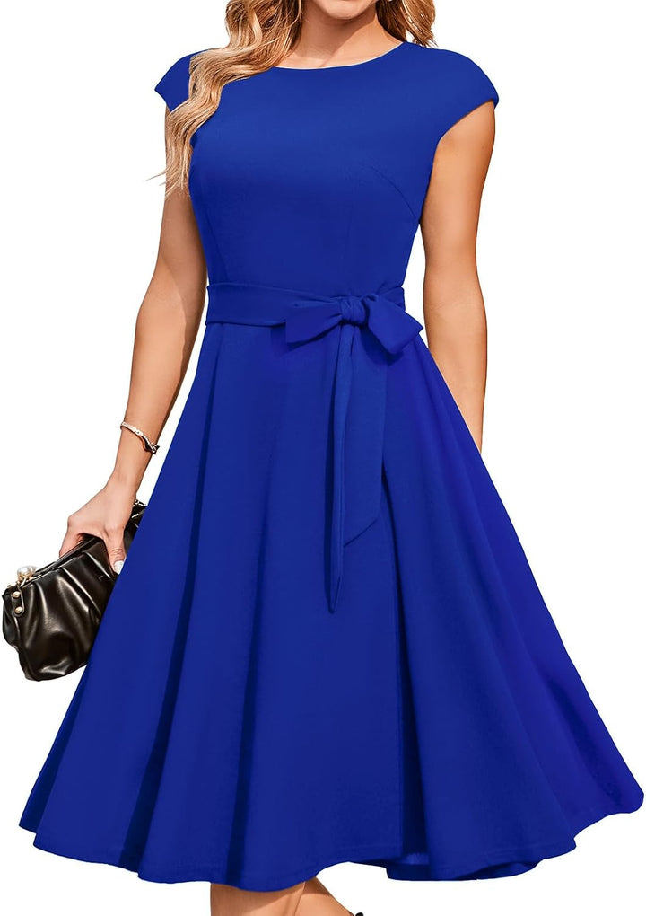 Eva - Cap Sleeve Tie Waist Midi Dress