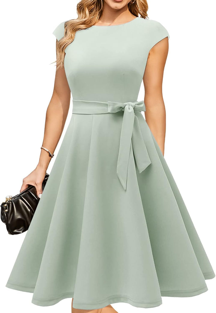 Eva - Cap Sleeve Tie Waist Midi Dress