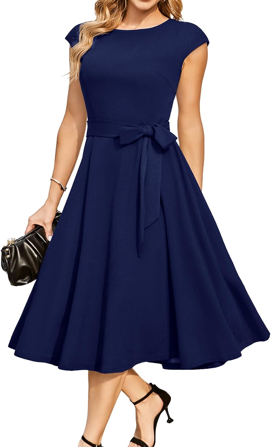 Eva - Cap Sleeve Tie Waist Midi Dress