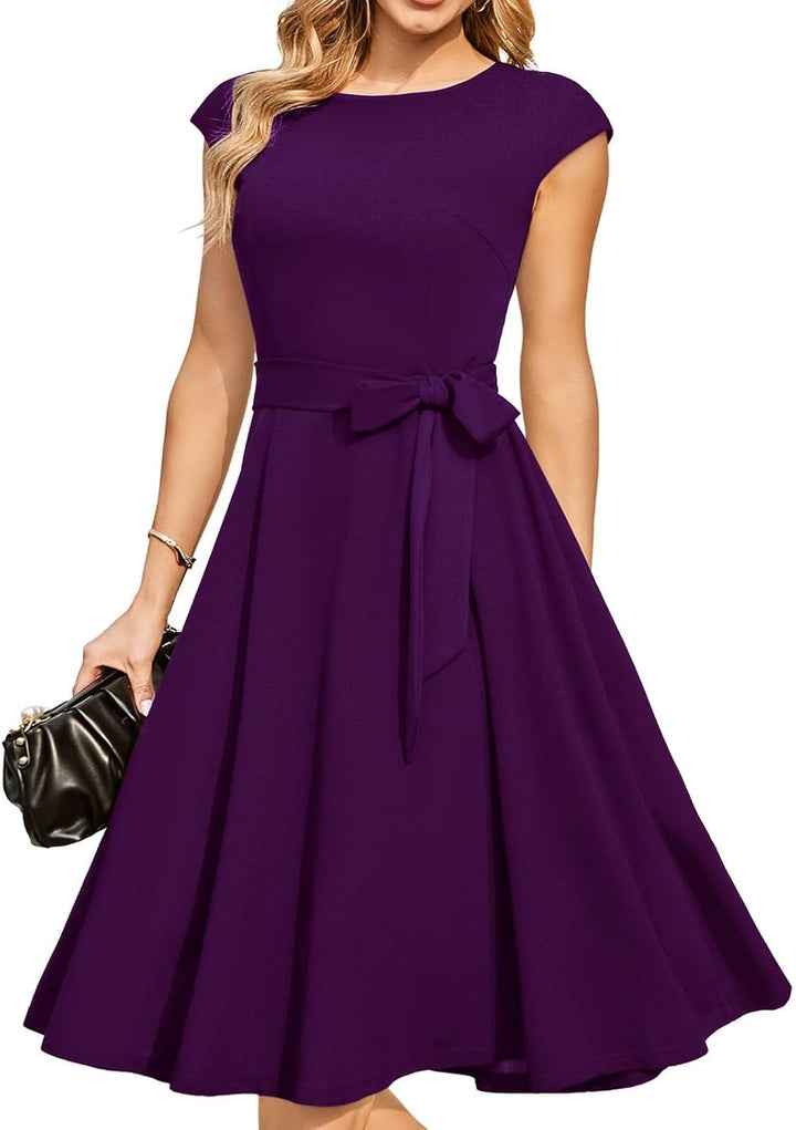Eva - Cap Sleeve Tie Waist Midi Dress