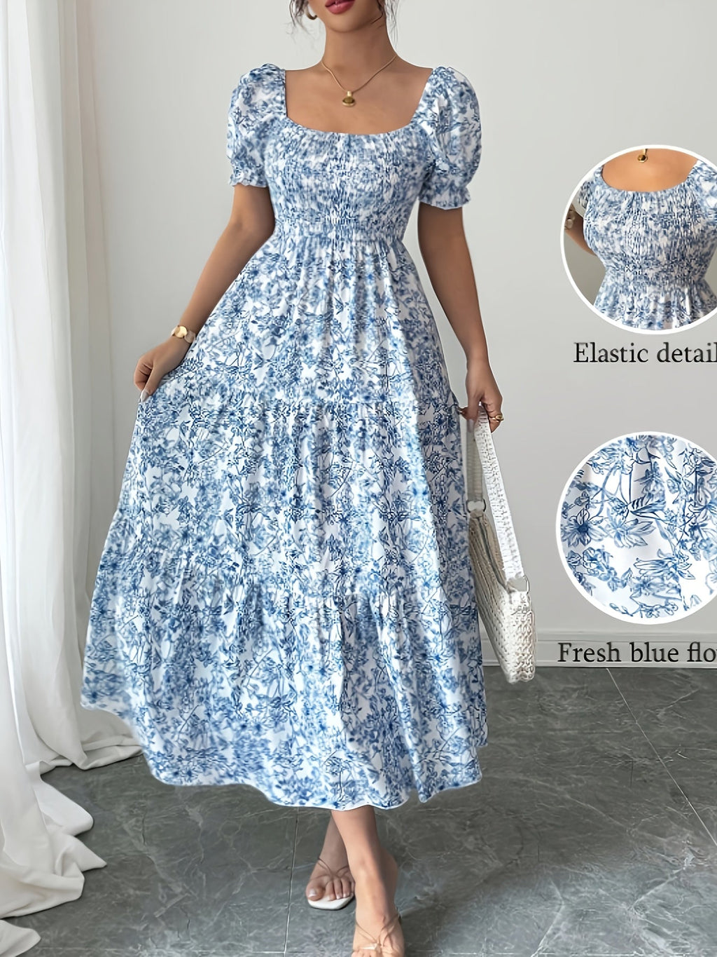 Annabel - Floral Square Neck Tiered Midi Dress