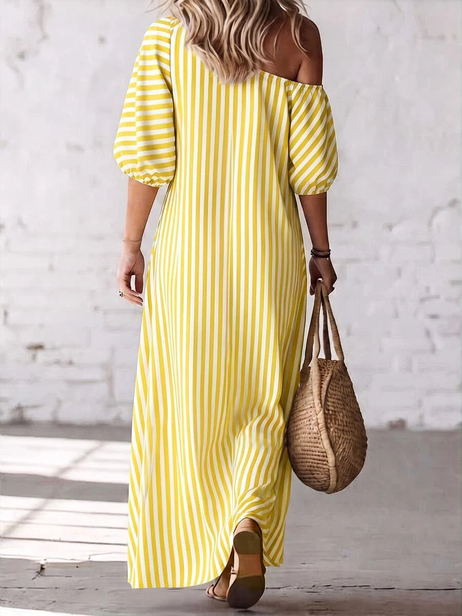 Layla - Striped Off Shoulder Puff Sleeve Maxi Dress