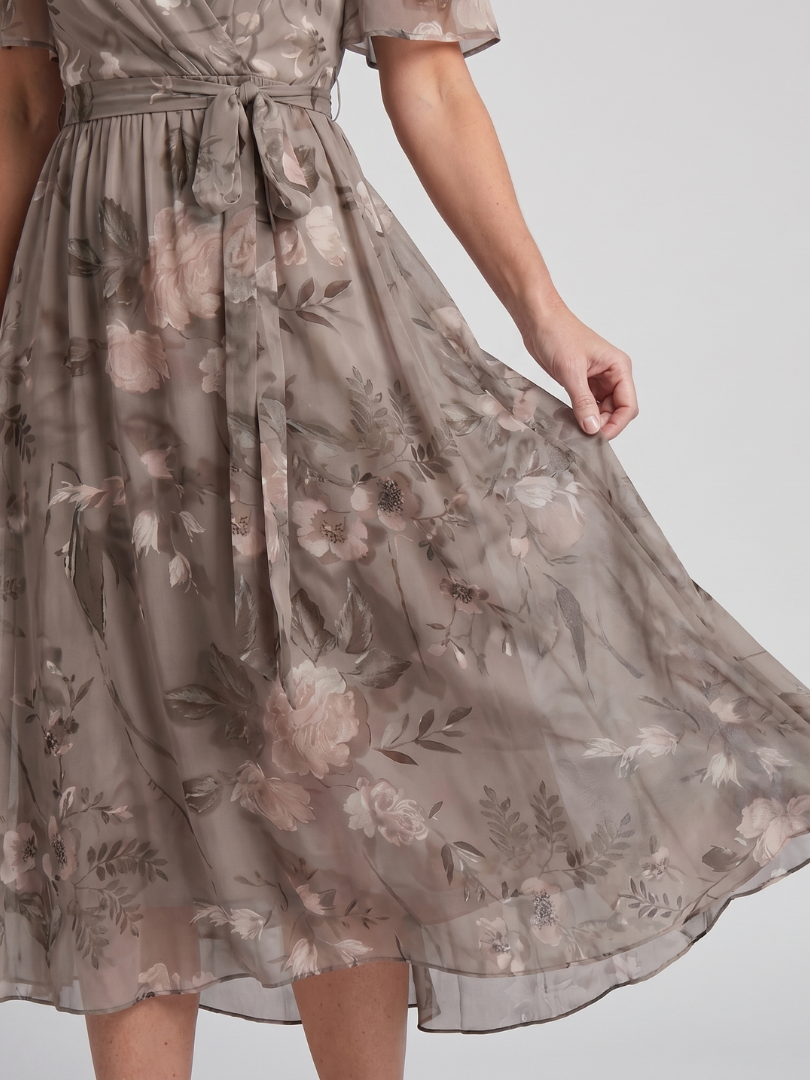 Mirabel - Flutter Sleeve Gathered Waist Floral Print Midi Dress