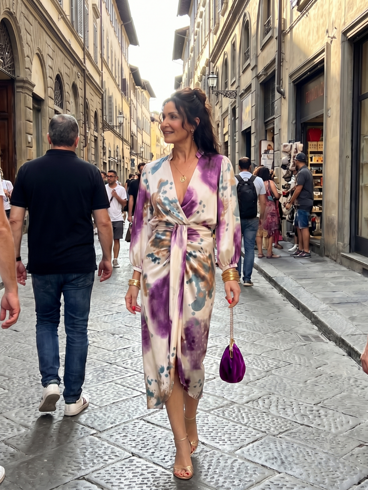 Valentina - Cross Wrap Tie Waist Printed Midi Dress