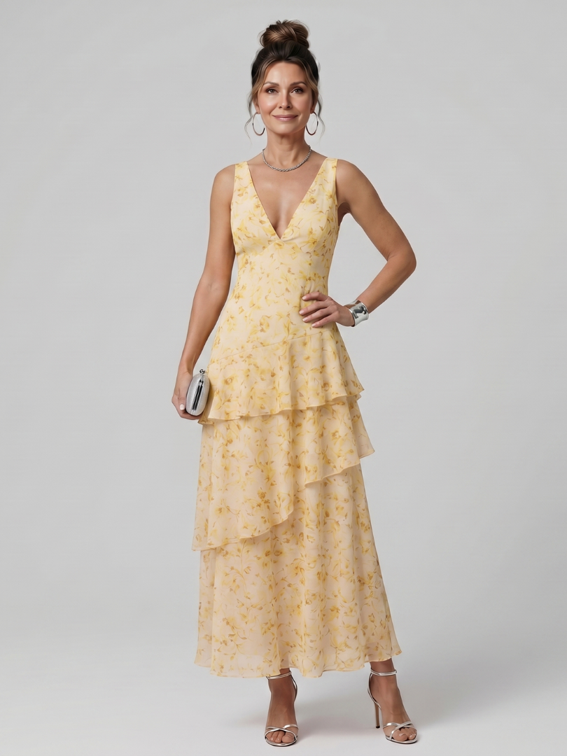 Gala - Deep V Sleeveless Painterly Pattern Midi Dress