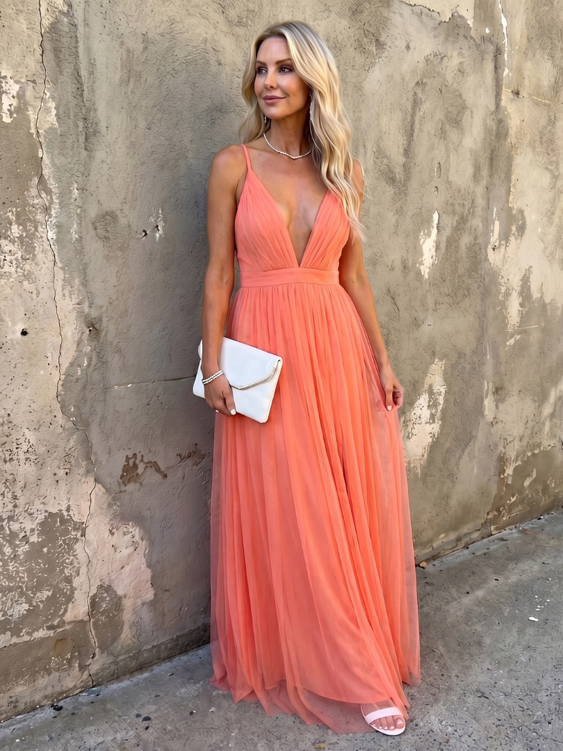 Tia - Deep V Strap Pleated Maxi Dress