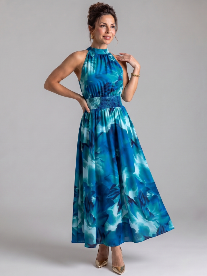 Olivia - Gathered Waist Abstract Print Midi Dress