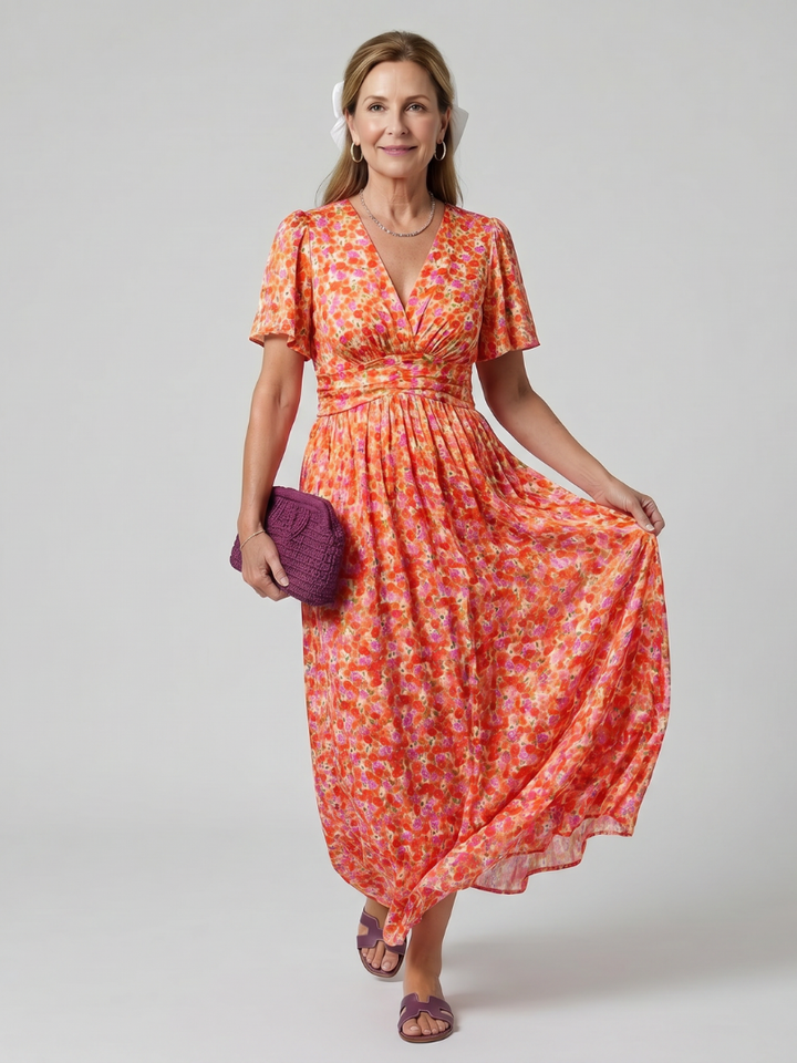 Juna - Short Sleeve Ditsy Floral Print Midi Dress