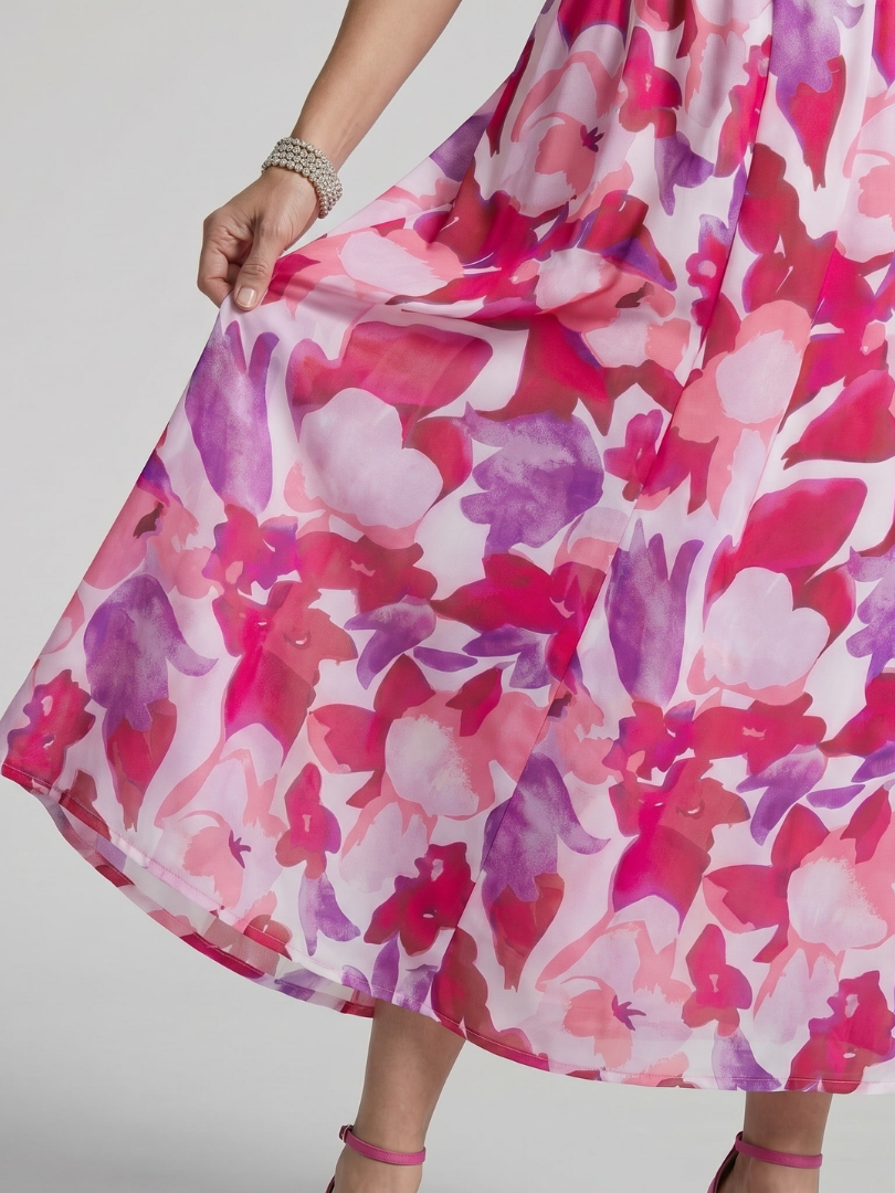 Candlia - Puff Sleeve V Neck Abstract Print Midi Dress
