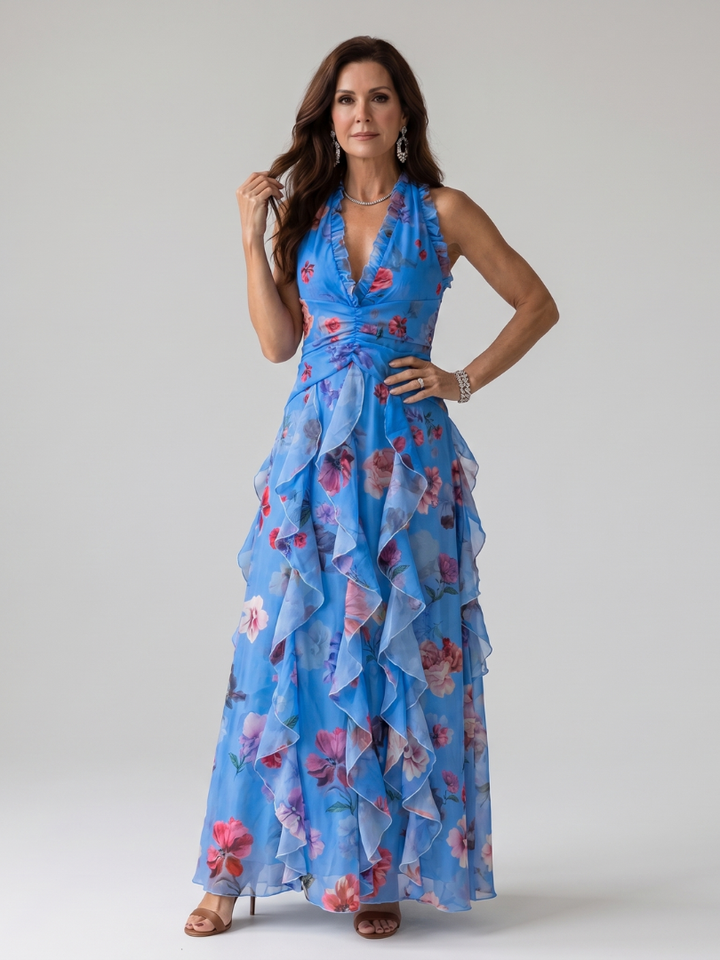Nori - Halter Neck Ruched Bodice Floral Maxi Dress