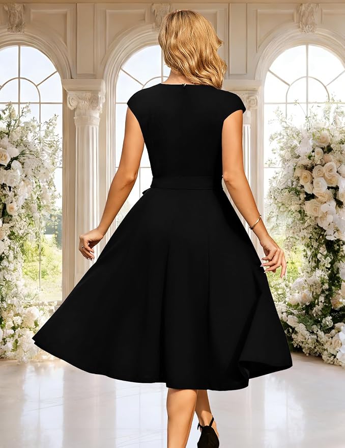 Eva - Cap Sleeve Tie Waist Midi Dress