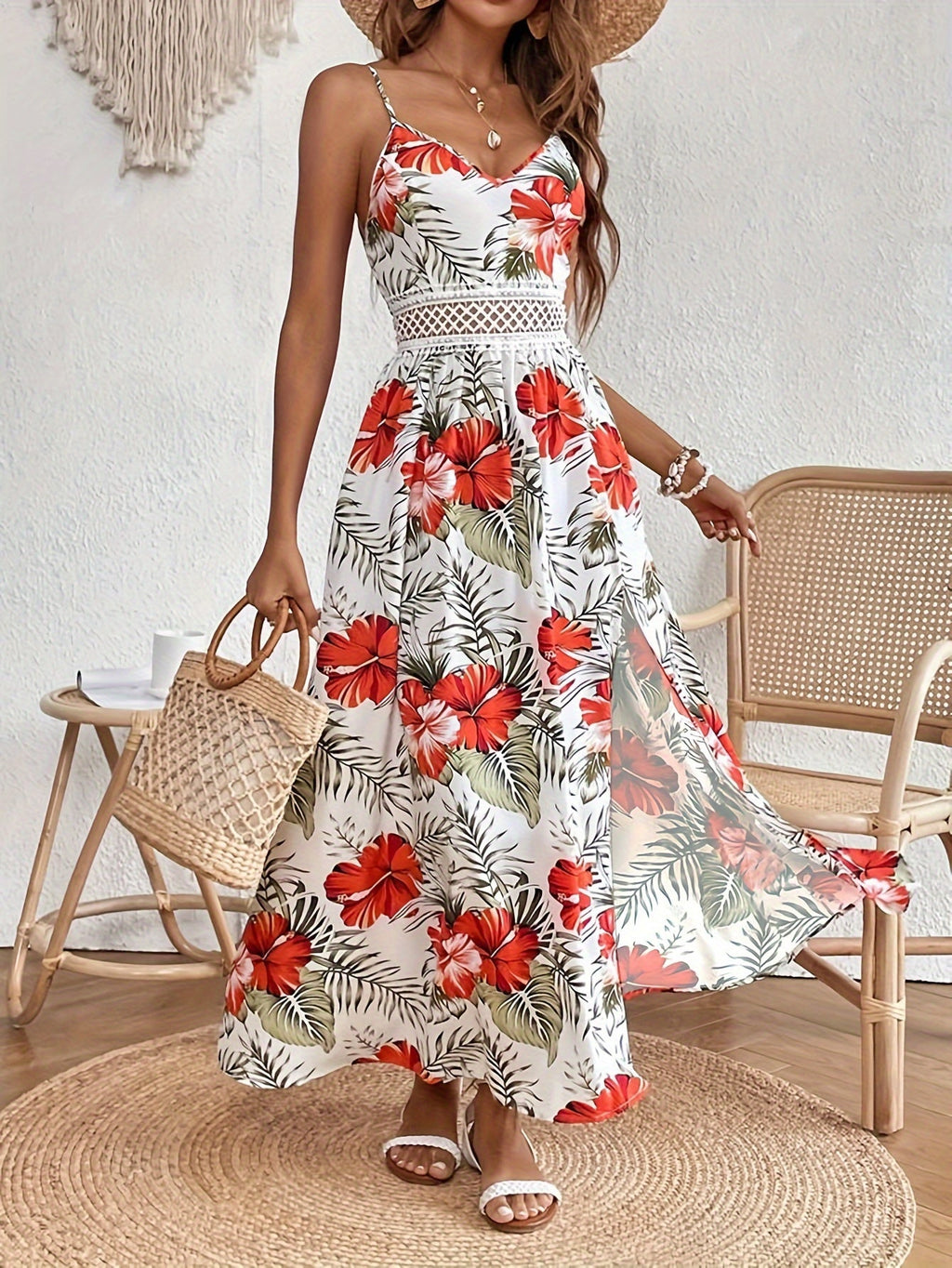 Ottilie - Tropical Print Lace Waist Maxi Dress