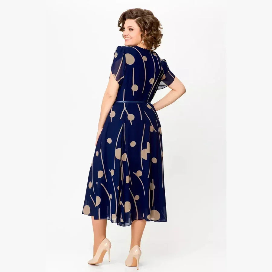 Ivy - Navy Polka Dot Print Chiffon Midi Dress