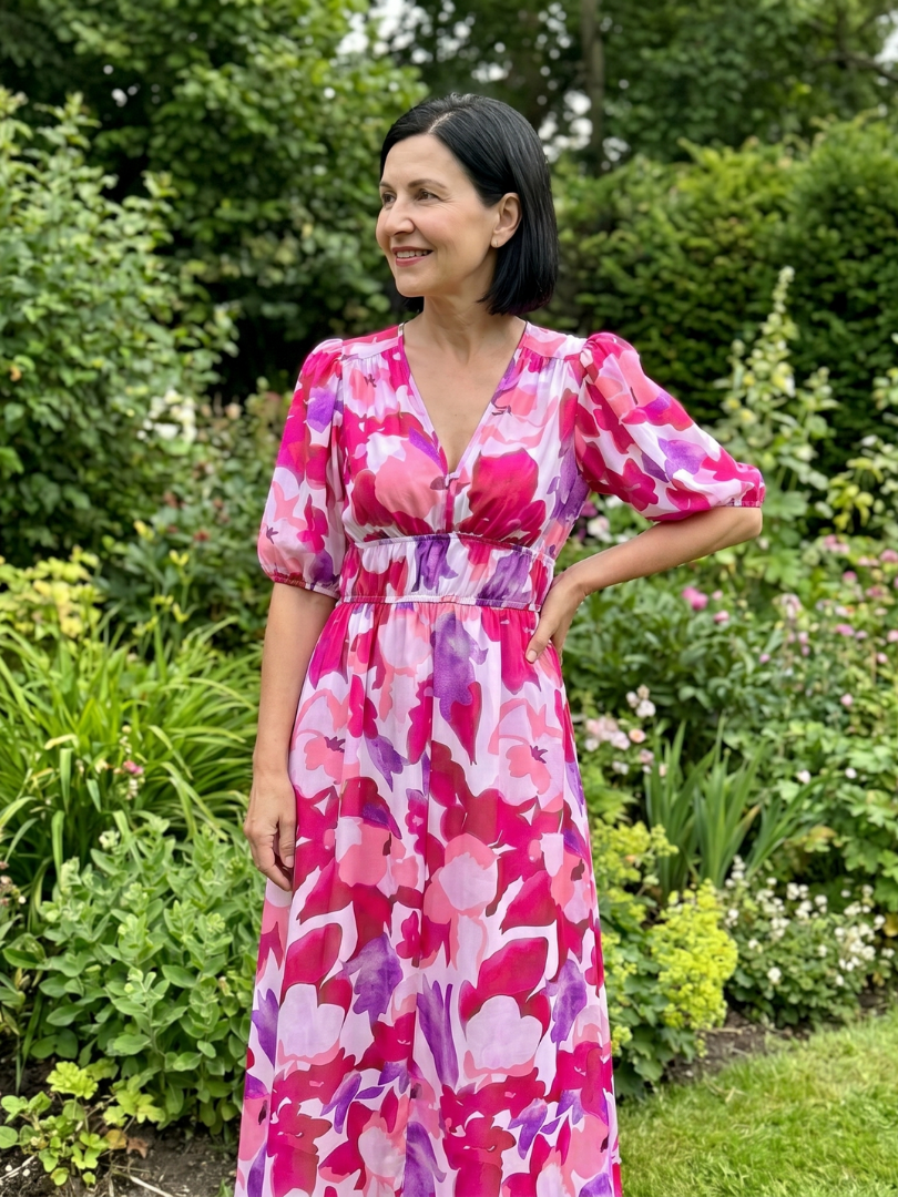 Candlia - Puff Sleeve V Neck Abstract Print Midi Dress