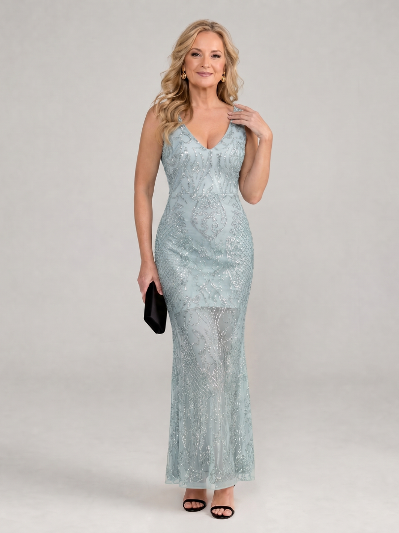 Sirea - Sequin Sleeveless Sheer Panel Midi Dress