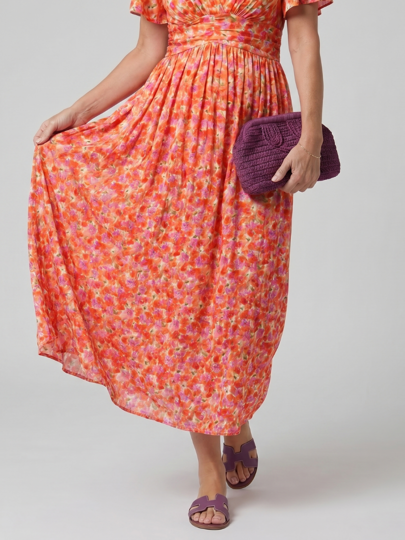 Juna - Short Sleeve Ditsy Floral Print Midi Dress