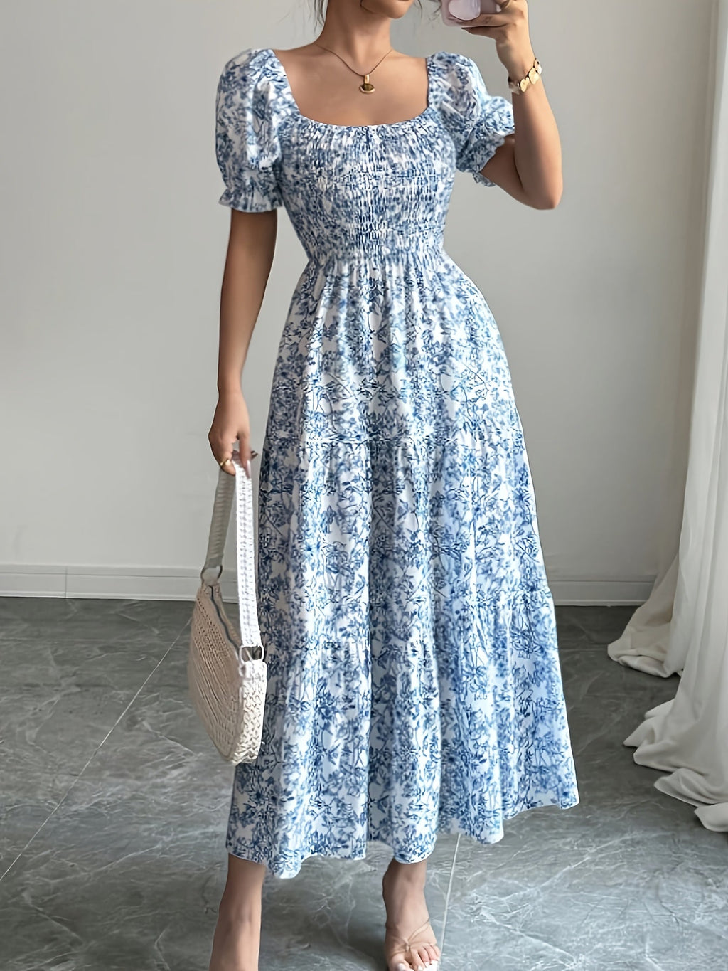 Annabel - Floral Square Neck Tiered Midi Dress