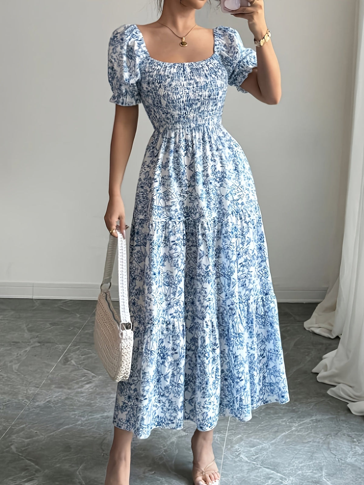 Annabel - Floral Square Neck Tiered Midi Dress