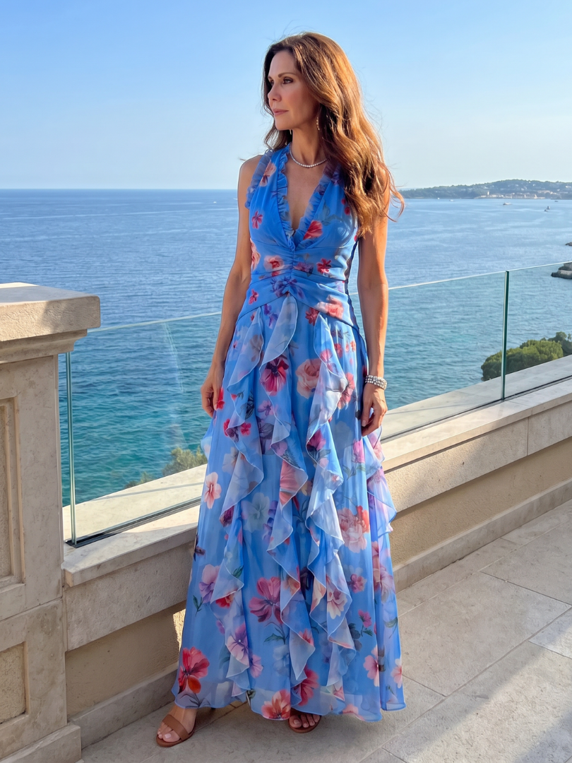 Nori - Halter Neck Ruched Bodice Floral Maxi Dress