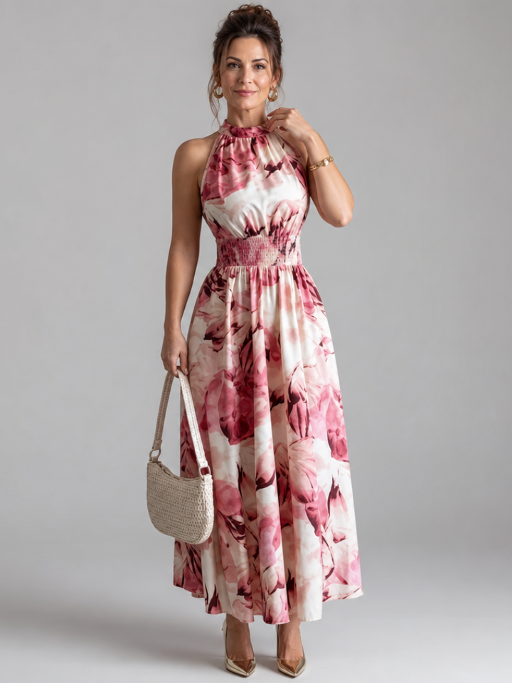 Olivia - Gathered Waist Abstract Print Midi Dress
