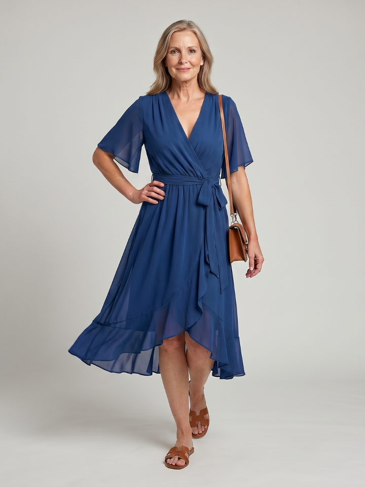 Keziah - Short Sleeve Wrap Soft Flowing Hem Midi Dress