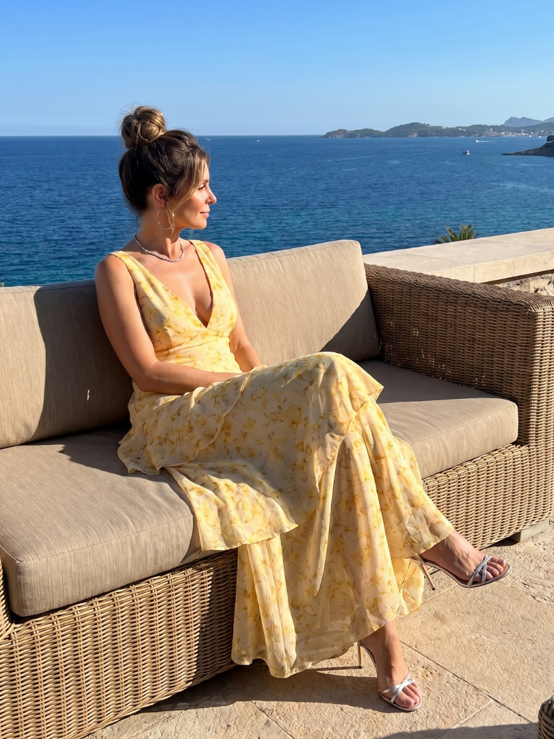 Gala - Deep V Sleeveless Painterly Pattern Midi Dress