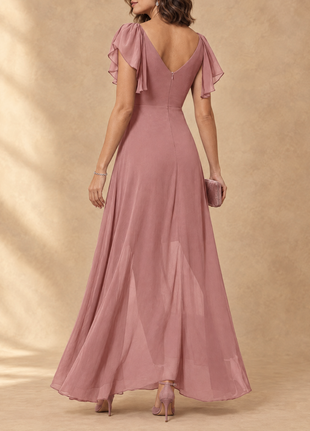 Denise - Flutter Sleeve High-Low Chiffon Maxi Dress
