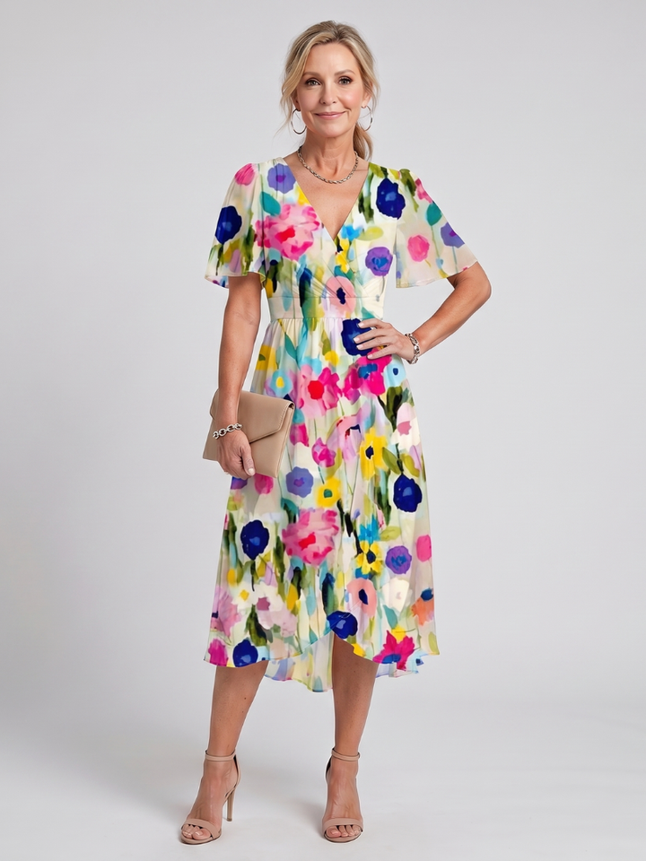 Mirabel - Flutter Sleeve Gathered Waist Floral Print Midi Dress
