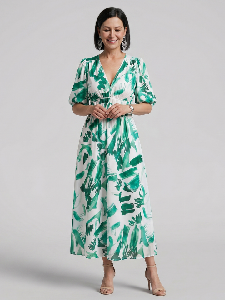 Candlia - Puff Sleeve V Neck Abstract Print Midi Dress