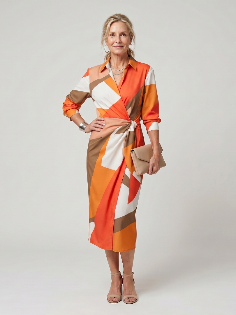Leya - Long Sleeve Collared Wrap Stripe Pattern Midi Dress