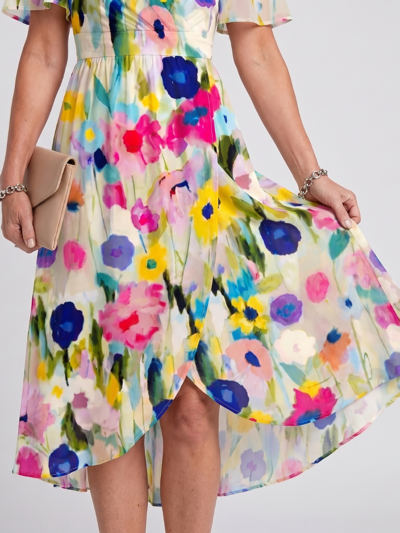 Mirabel - Flutter Sleeve Gathered Waist Floral Print Midi Dress