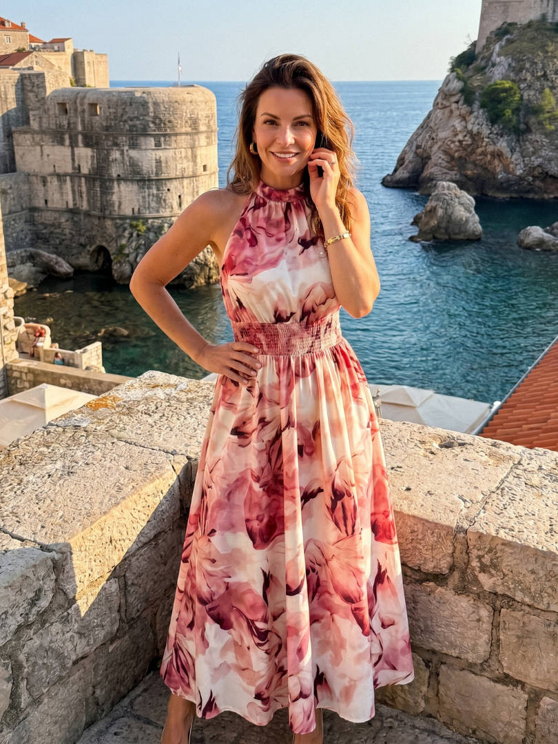 Olivia - Gathered Waist Abstract Print Midi Dress