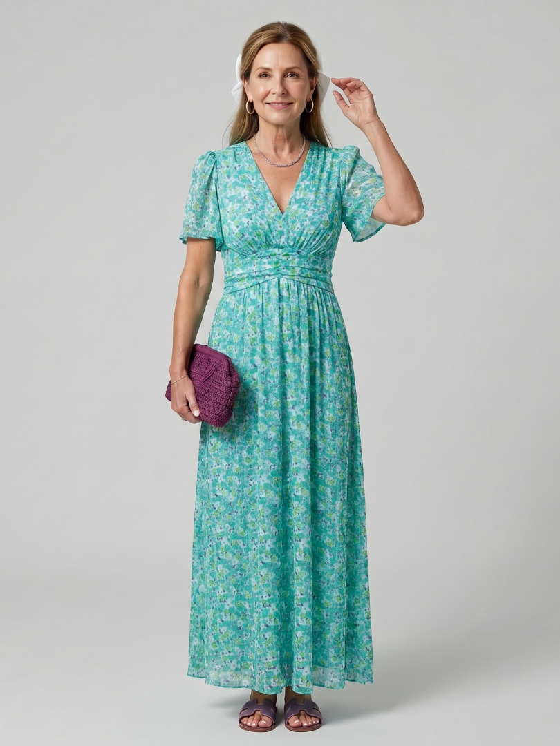 Juna - Short Sleeve Ditsy Floral Print Midi Dress